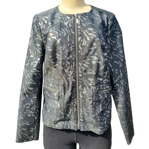 Dana Buchman Denim Blazer Jacket Front Zip O Neck Exotic Metallic Print Womens 4